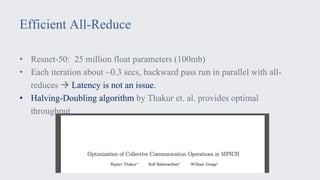 Efficient All-Reduce
• Resnet-50: 25 million float parameters (100mb)
• Each iteration about ~0.3 secs, backward pass run in parallel with all-
reduces à Latency is not an issue.
• Halving-Doubling algorithm by Thakur et. al. provides optimal
throughput
 