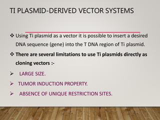 TI PLASMID-DERIVED VECTOR SYSTEMS
 Using Ti plasmid as a vector it is possible to insert a desired
DNA sequence (gene) into the T DNA region of Ti plasmid.
 There are several limitations to use Ti plasmids directly as
cloning vectors :-
 LARGE SIZE.
 TUMOR INDUCTION PROPERTY.
 ABSENCE OF UNIQUE RESTRICTION SITES.
 