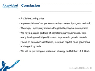 Conclusion


• A solid second quarter

• Implementation of our performance improvement program on track

• The major uncertainty remains the global economic environment

• We have a strong portfolio of complementary businesses, with
 many leading market positions and exposure to growth markets

• Focus on customer satisfaction, return on capital, cash generation
 and organic growth

• We will be providing an update on strategy on October 18 & 22nd.




                                               Investor update Q2 2012 results   26
 