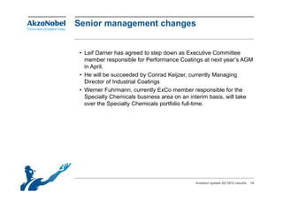 Senior management changes


 • Leif Darner has agreed to step down as Executive Committee
   member responsible for Performance Coatings at next year’s AGM
   in April.
 • He will be succeeded by Conrad Keijzer, currently Managing
                            y           j ,          y    g g
   Director of Industrial Coatings
 • Werner Fuhrmann, currently ExCo member responsible for the
   Specialty Chemicals business area on an interim basis, will take
   over the Specialty Chemicals portfolio full-time.




                                             Investor update Q3 2012 results   18
 