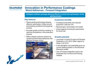 Innovation in Performance Coatings
 Wood Adhesives - Forward Integration
 Intelligent software package allowing effective control and optimization of the
                                  gluing process

Key features                                 Customers benefits
• Patent pending technology allowing         • Increased productivity and reduced
  effective optimization of glue amount        production costs per unit
  and pressing conditions during gluing
                                             • Reduced glue consumption and waste
  process
                                             • Active logging of production parameters
• Accurate quality control by reacting to      for future use
  real-time fluctuations in the production
  process
• Offers integral customer solution by       Growth potential
  combining world-class adhesives with
                                             • Launched in Central Europe and Russian
  effective process control
            p
                                               Federation in H1 2012; Other regions to
                                               follow in H2 2012
                                             • It will strengthen and potentially grow our
                                               current leading position in the Structural
                                               Elements market
                                             • Use of Forward Integration tools to be
                                               expanded into Furniture and Flooring
                                               markets


                                                             Investor update Q3 2012 results   36
 