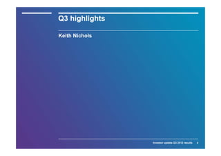 Q3 highlights

Keith Nichols




                Investor update Q3 2012 results   4
 