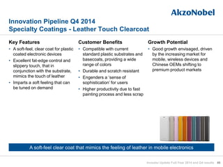 Innovation Pipeline Q4 2014
Specialty Coatings - Leather Touch Clearcoat
Key Features
• A soft-feel, clear coat for plastic
coated electronic devices
• Excellent fat-edge control and
slippery touch, that in
conjunction with the substrate,
mimics the touch of leather
• Imparts a soft feeling that can
be tuned on demand
Customer Benefits
• Compatible with current
standard plastic substrates and
basecoats, providing a wide
range of colors
• Durable and scratch resistant
• Engenders a ‘sense of
sophistication’ for users
• Higher productivity due to fast
painting process and less scrap
Growth Potential
• Good growth envisaged, driven
by the increasing market for
mobile, wireless devices and
Chinese OEMs shifting to
premium product markets
A soft-feel clear coat that mimics the feeling of leather in mobile electronics
Investor Update Full-Year 2014 and Q4 results 46
 