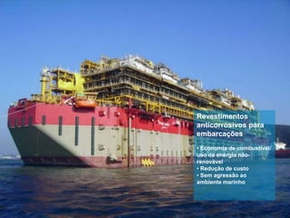Revestimentos
anticorrosivos para
embarcações
• Economia de combustível/
uso de energia não-
renovável
• Redução de custo
• Sem agressão ao
ambiente marinho
 