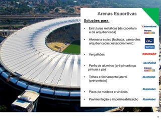 16
Arenas Esportivas
Soluções para:
• Estruturas metálicas (da cobertura
e da arquibancada)
• Alvenaria e piso (fachada, camarotes
arquibancadas, estacionamento)
• Vergalhões
• Perfis de alumínio (pré-pintado ou
pintura a pó)
• Telhas e fechamento lateral
(pré-pintado)
• Pisos de madeira e vinílicos
• Pavimentação e impermeabilização
 