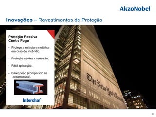 Inovações – Revestimentos de Proteção
22
Proteção Passiva
Contra Fogo
- Protege a estrutura metálica
em caso de incêndio.
- Proteção contra a corrosão.
- Fácil aplicação.
- Baixo peso (comparado às
argamassas).
 