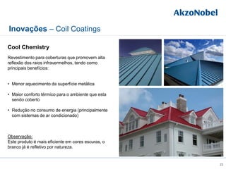 Inovações – Coil Coatings
23
Cool Chemistry
Revestimento para coberturas que promovem alta
reflexão dos raios infravermelhos, tendo como
principais benefícios:
• Menor aquecimento da superfície metálica
• Maior conforto térmico para o ambiente que esta
sendo coberto
• Redução no consumo de energia (principalmente
com sistemas de ar condicionado)
Observação:
Este produto é mais eficiente em cores escuras, o
branco já é refletivo por natureza.
 