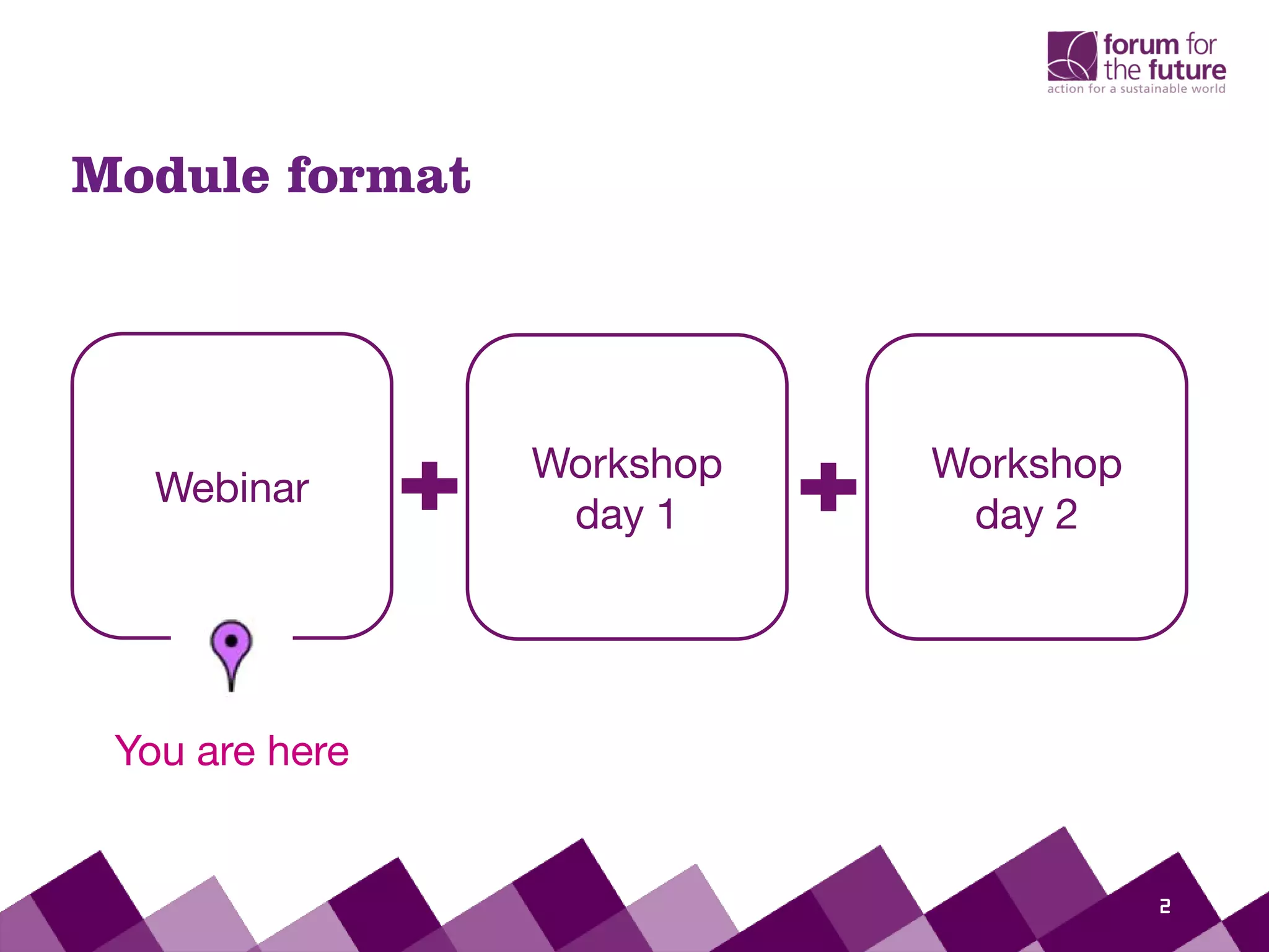 Module format
2
Webinar
Workshop
day 1
Workshop
day 2
You are here
 