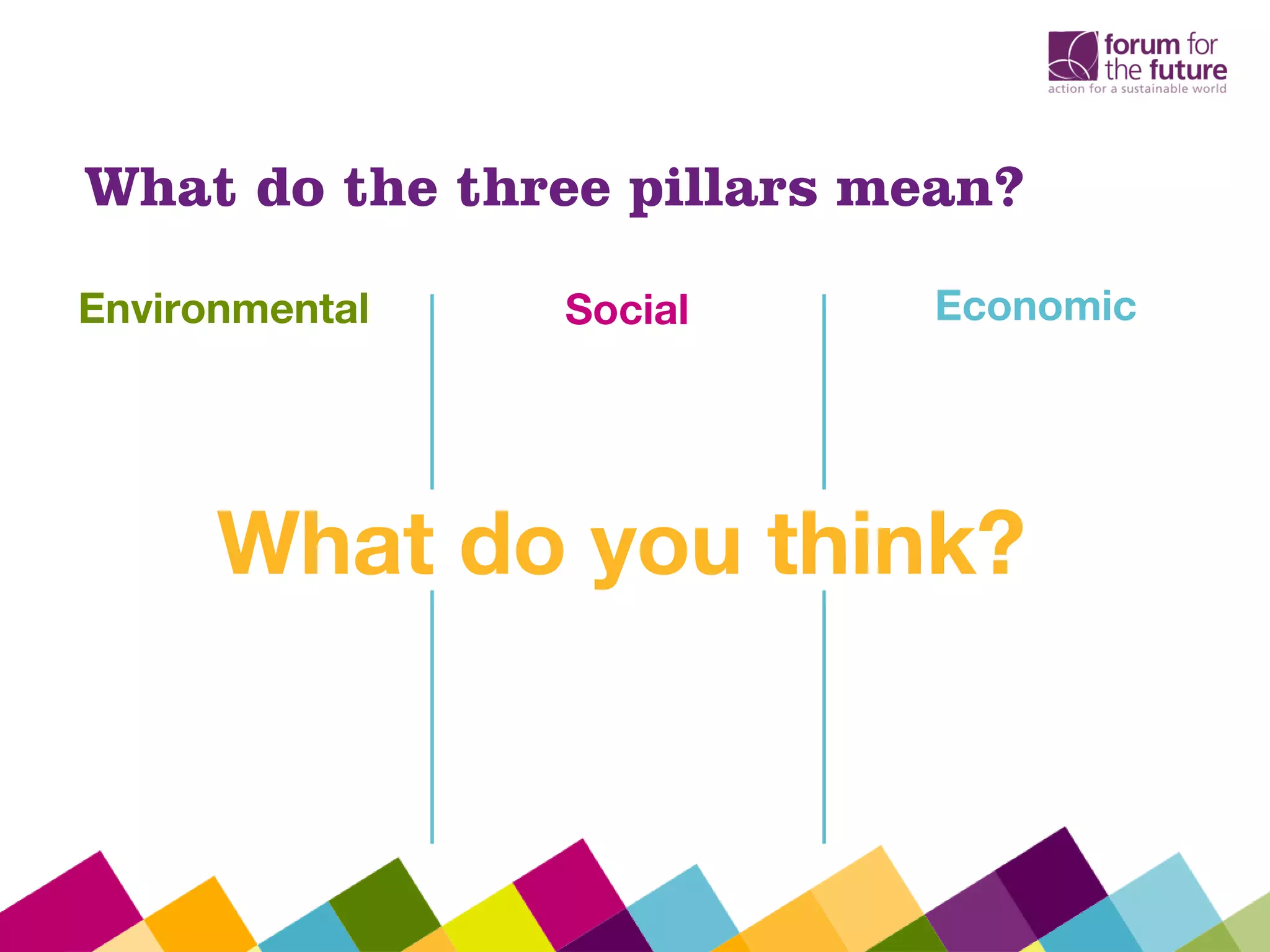 What do the three pillars mean?
Environmental Social Economic
What do you think?
 