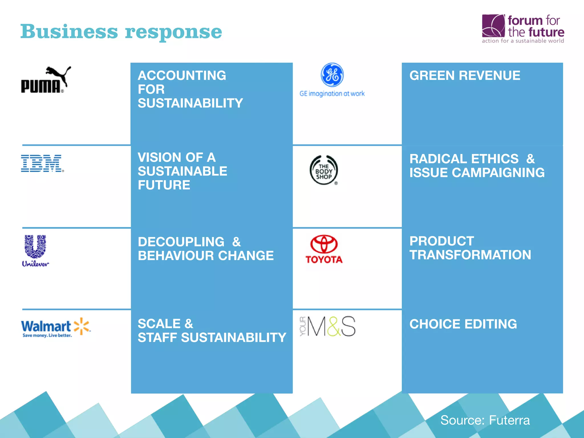 ACCOUNTING
FOR
SUSTAINABILITY
VISION OF A
SUSTAINABLE
FUTURE
DECOUPLING &
BEHAVIOUR CHANGE
SCALE &
STAFF SUSTAINABILITY
GREEN REVENUE
RADICAL ETHICS &
ISSUE CAMPAIGNING
PRODUCT
TRANSFORMATION
CHOICE EDITING
Business response
Source: Futerra
 