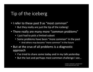 CHARLIE AREHART, @CAREHART
CHARLIE@CAREHART.ORG
Tip of the iceberg
• I refer to these past 9 as “most common”
• But they really are just the tip of the iceberg!
• There really are many more “common problems”
• I just had to pick a limited subset
• Some problems have been “more common” in the past
• And others may become “more common” in the future
• But at the crux of all problems is a diagnostic
approach
• I’ve tried to share some today and in my talk yesterday
• But the last and perhaps most common challenge I see…
 