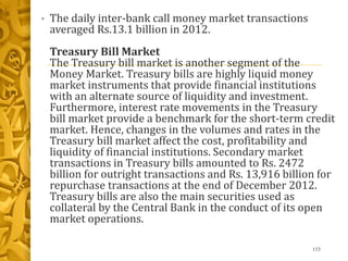 • The daily inter-bank call money market transactions
averaged Rs.13.1 billion in 2012.
Treasury Bill Market
The Treasury bill market is another segment of the
Money Market. Treasury bills are highly liquid money
market instruments that provide financial institutions
with an alternate source of liquidity and investment.
Furthermore, interest rate movements in the Treasury
bill market provide a benchmark for the short-term credit
market. Hence, changes in the volumes and rates in the
Treasury bill market affect the cost, profitability and
liquidity of financial institutions. Secondary market
transactions in Treasury bills amounted to Rs. 2472
billion for outright transactions and Rs. 13,916 billion for
repurchase transactions at the end of December 2012.
Treasury bills are also the main securities used as
collateral by the Central Bank in the conduct of its open
market operations.
115
 