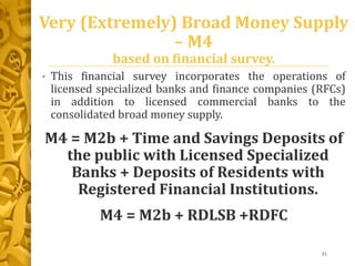 Very (Extremely) Broad Money Supply
– M4
based on financial survey.
• This financial survey incorporates the operations of
licensed specialized banks and finance companies (RFCs)
in addition to licensed commercial banks to the
consolidated broad money supply.
M4 = M2b + Time and Savings Deposits of
the public with Licensed Specialized
Banks + Deposits of Residents with
Registered Financial Institutions.
M4 = M2b + RDLSB +RDFC
31
 
