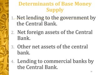 Determinants of Base Money
Supply
1. Net lending to the government by
the Central Bank.
2. Net foreign assets of the Central
Bank.
3. Other net assets of the central
bank.
4. Lending to commercial banks by
the Central Bank.
33
 