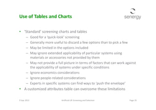 Use of Tables and Charts
• ‘Standard’ screening charts and tables
– Good for a ‘quick-look’ screening
– Generally more useful to discard a few options than to pick a few
– May be limited in the options included
– May ignore extended applicability of particular systems using– May ignore extended applicability of particular systems using
materials or accessories not provided by them
– May not provide a full picture in terms of factors that can work against
the applicability of systems under specific conditions
– Ignore economics considerations
– Ignore people-related considerations
– Experts in specific systems can find ways to ‘push the envelope’
• A customized attributes table can overcome these limitations
9 Sep 2013 Page 35Artificial Lift Screening and Selection
 
