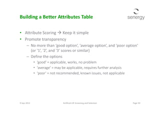 Building a Better Attributes Table
• Attribute Scoring Keep it simple
• Promote transparency
– No more than ‘good option’, ‘average option’, and ‘poor option’
(or ‘1’, ‘2’, and ‘3’ scores or similar)
– Define the options– Define the options
• ‘good’ = applicable, works, no problem
• ‘average’ = may be applicable, requires further analysis
• ‘poor’ = not recommended, known issues, not applicable
9 Sep 2013 Page 50Artificial Lift Screening and Selection
 