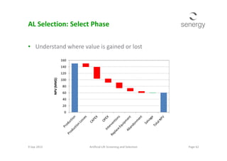 AL Selection: Select Phase
• Understand where value is gained or lost
100
120
140
160
NPV(MM$)
9 Sep 2013 Page 62Artificial Lift Screening and Selection
0
20
40
60
80
100
NPV(MM$)
 
