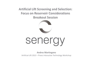 Artificial Lift Screening and Selection:
Focus on Reservoir Considerations
Breakout Session
Andres Martingano
Artificial Lift 2013 – Praxis Interactive Technology Workshop
 