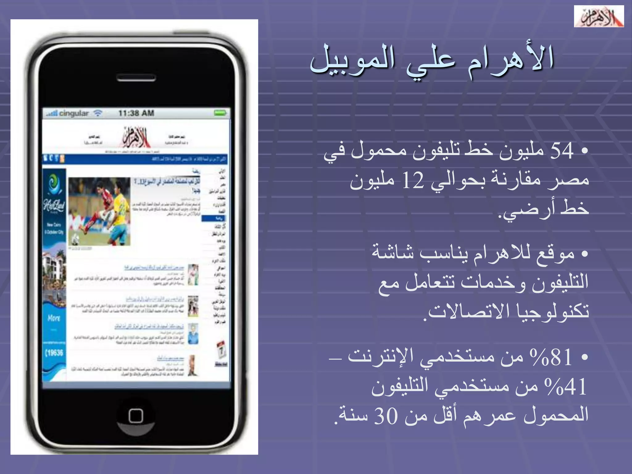 الأهرام علي الموبيل 
• 54 مليون خط تليفون محمول في 
مصر مقارنة بحوالي 12 مليون 
خط أرضي. 
• موقع للاهرام يناسب شاشة 
التليفون وخدمات تتعامل مع 
تكنولوجيا الاتصالات. 
• 81 % من مستخدمي الإنترنت – 
41 % من مستخدمي التليفون 
المحمول عمرهم أقل من 30 سنة. 
