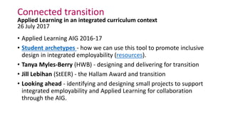 • Applied Learning AIG 2016-17
• Student archetypes - how we can use this tool to promote inclusive
design in integrated employability (resources).
• Tanya Myles-Berry (HWB) - designing and delivering for transition
• Jill Lebihan (StEER) - the Hallam Award and transition
• Looking ahead - identifying and designing small projects to support
integrated employability and Applied Learning for collaboration
through the AIG.
Connected transition
Applied Learning in an integrated curriculum context
26 July 2017
 