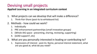 Devising small projects
Applied Learning in an integrated curriculum context
1. What projects can we develop that will make a difference?
1. Think-Pair-Share (post-its to whiteboard list)
2. Methods - how could we work?
1. Individually
2. PRE enhancement partnerships (small innovation groups)
3. (Whole AIG space - presenting, sharing, reviewing, supporting)
4. (LEAD support?, etc)
3. What are you personally interested in leading or contributing to?
1. Expressions of interest - post-its: Name, personal interest statement, what
are you good at, what do you need?
 