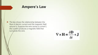 Ampere’s Law
 The law shows the relationship between the
flow of electric current and the magnetic field
around it. Suppose the wire carries a current I,
the current produces a magnetic field that
surrounds the wire.
 