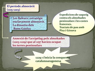 El període almoràvit
(1115-1203)
                                         Expedicions de saqueig
    Les Balears: estratègic              contra els almohades
    enclavament almoràvit.               peninsulars i les costes
    La dinastia dels                     franceses.
                                         Tractats de pau amb
    Banu Ganiya
                                         Pisa i Gènova


    Annexió de l’arxipèlag pels almohades
    (1203-1229) que al 1157 havien ocupat
    les terres peninsulars



                       1229: s’inicia la conquesta
                       catalanoaragonesa
 