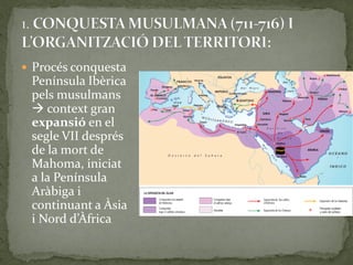  Procés conquesta
 Península Ibèrica
 pels musulmans
  context gran
 expansió en el
 segle VII després
 de la mort de
 Mahoma, iniciat
 a la Península
 Aràbiga i
 continuant a Àsia
 i Nord d’Àfrica
 