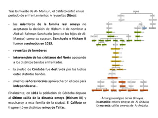 Tras la muerte de Al- Mansur, el Califato entró en un
periodo de enfrentamientos y revueltas (fitna):
- los miembros de la familia real omeya no
aceptaron la decisión de Hisham II de nombrar a
Abd-al- Rahman Sanchuelo (uno de los hijos de Al-
Mansur) como su sucesor. Sanchuelo e Hisham II
fueron asesinados en 1013.
- revueltas de bereberes
- intervención de los cristianos del Norte apoyando
a los distintos bandos enfrentados.
- la ciudad de Córdoba fue destruida por las luchas
entre distintos bandos.
- muchos señores locales aprovecharon el caos para
independizarse…
Finalmente, en 1031 la población de Córdoba depuso
al último califa de la dinastía omeya (Hisham III) y
expulsaron a esta familia de la ciudad. El Califato se
fragmentó en distintos reinos de Taifas.
Árbol genealógico de los Omeyas.
En amarillo: emires omeyas de Al-Ándalus
En naranja: califas omeyas de Al-Ándalus
 