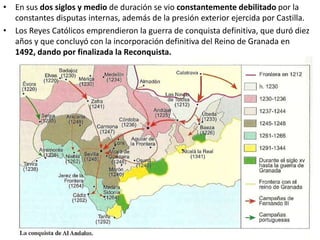 • En sus dos siglos y medio de duración se vio constantemente debilitado por la
constantes disputas internas, además de la presión exterior ejercida por Castilla.
• Los Reyes Católicos emprendieron la guerra de conquista definitiva, que duró diez
años y que concluyó con la incorporación definitiva del Reino de Granada en
1492, dando por finalizada la Reconquista.
 