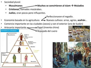 • Sociedad plural:
• Musulmanes Muchos se convirtieron al Islam  Muladíes
• Cristianos, llamados mozárabes.
• Judíos, eran pocos pero influyentes.
Perfeccionaron el regadío.
• Economía basada en la agricultura Nuevos cultivos: arroz, agrios, azafrán…
• Comercio importante en las ciudades (zocos) y con el exterior (oro de Sudán)
• Artesanía importante Papel (invento chino)
Repujado del cuero
 