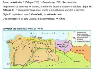 Reino de Asturias Pelayo (718)  Covadonga (722). Reconquista.
Ampliando sus dominios  Galicia, al norte del Duero y cabecera del Ebro. Siglo IX,
Alfonso III  frontera definitiva en el Duero y toma Burgos, Zamora y Coimbra.
Siglo X capital en León  Ordoño III,  reino de León.
Dos condados  al este Castilla, al oeste Portugal  reinos
 