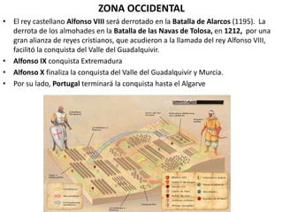 ZONA OCCIDENTAL
• El rey castellano Alfonso VIII será derrotado en la Batalla de Alarcos (1195). La
derrota de los almohades en la Batalla de las Navas de Tolosa, en 1212, por una
gran alianza de reyes cristianos, que acudieron a la llamada del rey Alfonso VIII,
facilitó la conquista del Valle del Guadalquivir.
• Alfonso IX conquista Extremadura
• Alfonso X finaliza la conquista del Valle del Guadalquivir y Murcia.
• Por su lado, Portugal terminará la conquista hasta el Algarve
 