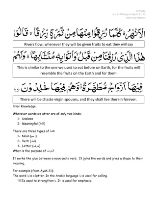 Al-Huda
                                                                        Juz 1: Al Baqarah Ayah 21-25
                                                                                     Momina Mateen




        Rivers flow, whenever they will be given fruits to eat they will say




   This is similar to the one we used to eat before on Earth, for the fruits will
                   resemble the fruits on the Earth and for them




     There will be chaste virgin spouses, and they shall live therein forever.
Prior Knowledge:

Whatever words we utter are of only two kinds:
   1- Useless
   2- Meaningful (       )

There are three types of         :
   1- Noun (     )
   2- Verb (     )
   3- Letter (       )
What is the purpose of       ?

It works like glue between a noun and a verb. It joins the words and gives a shape to their
meaning.

For example (from Ayah 21):
The word   is a letter. In the Arabic language   is used for calling.
      Is used to strengthen . It is used for emphasis.
 