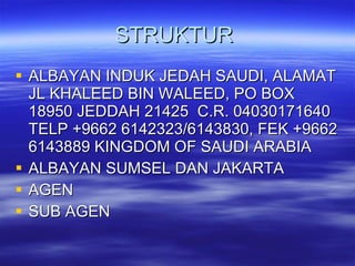 STRUKTUR  ALBAYAN INDUK JEDAH SAUDI, ALAMAT JL KHALEED BIN WALEED, PO BOX 18950 JEDDAH 21425  C.R. 04030171640 TELP +9662 6142323/6143830, FEK +9662 6143889 KINGDOM OF SAUDI ARABIA ALBAYAN SUMSEL DAN JAKARTA AGEN SUB AGEN 