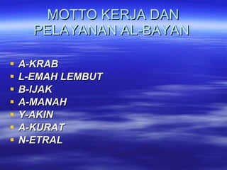 MOTTO KERJA DAN PELAYANAN AL-BAYAN   A-KRAB L-EMAH LEMBUT B-IJAK A-MANAH Y-AKIN A-KURAT N-ETRAL 