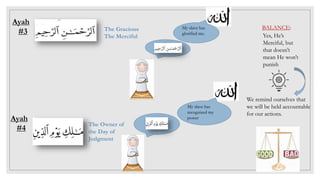 Ayah
#4
Ayah
#3
The Owner of
the Day of
Judgment
The Gracious
The Merciful
My slave has
glorified me.
My slave has
recognized my
power
We remind ourselves that
we will be held accountable
for our actions.
Yes, He’s
Merciful, but
that doesn’t
mean He won’t
punish
BALANCE:
 
