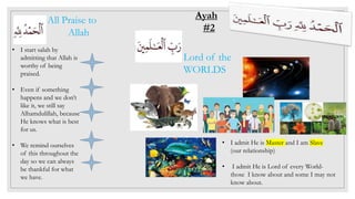 Ayah
#2
Lord of the
WORLDS
All Praise to
Allah
• I start salah by
admitting that Allah is
worthy of being
praised.
• Even if something
happens and we don’t
like it, we still say
Alhamdulillah, because
He knows what is best
for us.
• We remind ourselves
of this throughout the
day so we can always
be thankful for what
we have.
• I admit He is Master and I am Slave
(our relationship)
• I admit He is Lord of every World-
those I know about and some I may not
know about.
 
