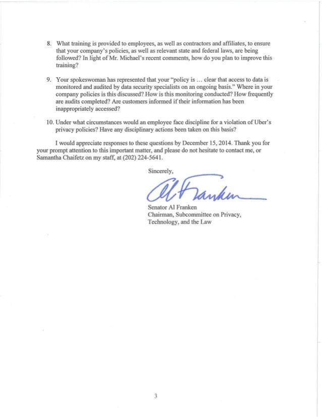 thank you letter after to ceo senator al franken s letter to uber ceo travis kalanick thank you letter after to ceo senator al franken s letter to uber ceo travis kalanick