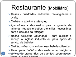 Restaurante (Mobiliário)
      Mesas - quadradas, redondas, rectangulares e
        ovais;
      Cadeiras - adultos e crianças;
      Aparadores - destinados para a guarda de
        talheres, roupas e outros utensílios necessários
        para o decurso da refeição;
      Mesas auxiliares (guéridon) - para auxiliar o
        serviço à inglesa indirecto ou para apoio do
        serviço de bebidas;
      Carinhos diversos - sobremesa, bebidas, flambar;
      Mesa para buffet - destinada à exposição e
12   Anatolie Pirgaru 42217 pratos frios ou quentes, sobremesas,
        serviço de                                        18-01-2012
 