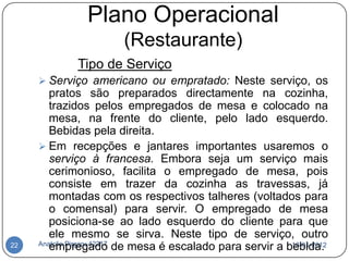 Plano Operacional
                      (Restaurante)
            Tipo de Serviço
      Serviço americano ou empratado: Neste serviço, os
        pratos são preparados directamente na cozinha,
        trazidos pelos empregados de mesa e colocado na
        mesa, na frente do cliente, pelo lado esquerdo.
        Bebidas pela direita.
      Em recepções e jantares importantes usaremos o
        serviço à francesa. Embora seja um serviço mais
        cerimonioso, facilita o empregado de mesa, pois
        consiste em trazer da cozinha as travessas, já
        montadas com os respectivos talheres (voltados para
        o comensal) para servir. O empregado de mesa
        posiciona-se ao lado esquerdo do cliente para que
        ele mesmo se sirva. Neste tipo de serviço, outro
     Anatolie Pirgaru 42217
22      empregado de mesa é escalado para servir a bebida.
                                                     18-01-2012
 