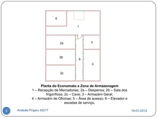 Planta do Economato e Zona de Armazenagem
              1 – Recepção de Mercadorias; 2a – Despensa; 2b – Sala dos
                       frigoríficos; 2c – Cave; 3 – Armazém Geral;
              4 – Armazém de Oficinas; 5 – Área de acesso; 6 – Elevador e
                                     escadas de serviço.

5   Anatolie Pirgaru 42217                                                  18-01-2012
 