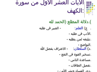 الآيات العشر الأول من سورة الكهف : دلالة المطلع  ( الحمد لله ). ‌  ج )  العلم :   -  الصبر في طلبه .  -  الأدب في طلبه . -  تبليغه لمن يطلبه . -  التواضع . ‌  د )  السلطان :  -  الاعتراف بفضل الله . -  تسخير القوة في النفع . -  مساعدة الناس . -  تفعيل الطاقات . -  دحر الفساد ونشر الأمن . 