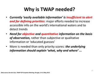 Why is TWAP needed?
• Currently ‘easily available information’ is insufficient to alert
and for defining priorities: major...