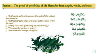 BEST FOR You
O R G A N I C S C O M P A N Y
3
1. “By those (angels) who tear out (the souls of the wicked)
with violence;”
2. “By those (angels) who gently draw out (the souls of the
Blessed);”
3. “And by those who glide along (as if swimming),”
4. “Then press forward as in a race,”
5. “And those who manage the affair,”
Section 1: The proof of possibility of life Hereafter from angels, winds, and stars.
‫و‬
‫ق‬ْ‫ر‬َ‫غ‬ ِ
‫ات‬َ‫ع‬ِ‫ز‬‫ا‬َّ‫ن‬‫ل‬‫ا‬ ََ
‫ا‬
‫ط‬ ْ‫ش‬َ‫ن‬ ِ
‫ات‬َ‫ط‬ ِ‫اش‬َّ‫ن‬‫ل‬‫ا‬َ‫و‬
‫ا‬
ْ‫ب‬ َ‫س‬ ِ
‫ات‬َ ِ
‫اِب‬ َّ‫س‬‫ل‬‫ا‬َ‫و‬
‫ا‬‫ح‬
ْ‫ب‬ َ‫س‬ ِ
‫ات‬َ‫ق‬ِ‫ب‬‫ا‬ َّ‫س‬‫ل‬‫ا‬َ‫ف‬
‫ا‬‫ق‬
ْ‫م‬َ‫أ‬ ِ
‫ات‬َ‫ر‬ِ‫ب‬َ‫د‬ُ‫م‬ْ‫ل‬‫ا‬َ‫ف‬
‫ا‬‫ر‬
-
 