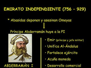 EMIRATO INDEPENDIENTE (756 – 929)

 * Abasidas deponen y asesinan Omeyas


  Príncipe Abderramán huye a la PI

                      • Emir (príncipe y jefe militar)
                      • Unifica Al-Ándalus
                      • Fortalece ejército
                      • Acuña moneda
ABDERRAMÁN I          • Desarrollo comercial
 