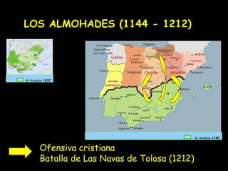 LOS ALMOHADES (1144 - 1212)




Al-Andalus 1037




                                                Al-Andalus 1150


        Ofensiva cristiana
        Batalla de Las Navas de Tolosa (1212)
 