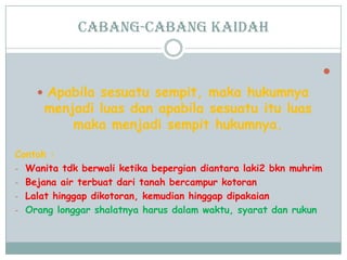 Cabang-cabang kaidah

 Apabila sesuatu sempit, maka hukumnya
menjadi luas dan apabila sesuatu itu luas
maka menjadi sempit hukumnya.
Contoh :
- Wanita tdk berwali ketika bepergian diantara laki2 bkn muhrim
- Bejana air terbuat dari tanah bercampur kotoran
- Lalat hinggap dikotoran, kemudian hinggap dipakaian
- Orang longgar shalatnya harus dalam waktu, syarat dan rukun
 