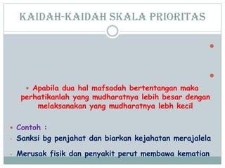 Kaidah-kaidah skala prioritas


 Apabila dua hal mafsadah bertentangan maka
perhatikanlah yang mudharatnya lebih besar dengan
melaksanakan yang mudharatnya lebh kecil
 Contoh :
- Sanksi bg penjahat dan biarkan kejahatan merajalela
- Merusak fisik dan penyakit perut membawa kematian
 