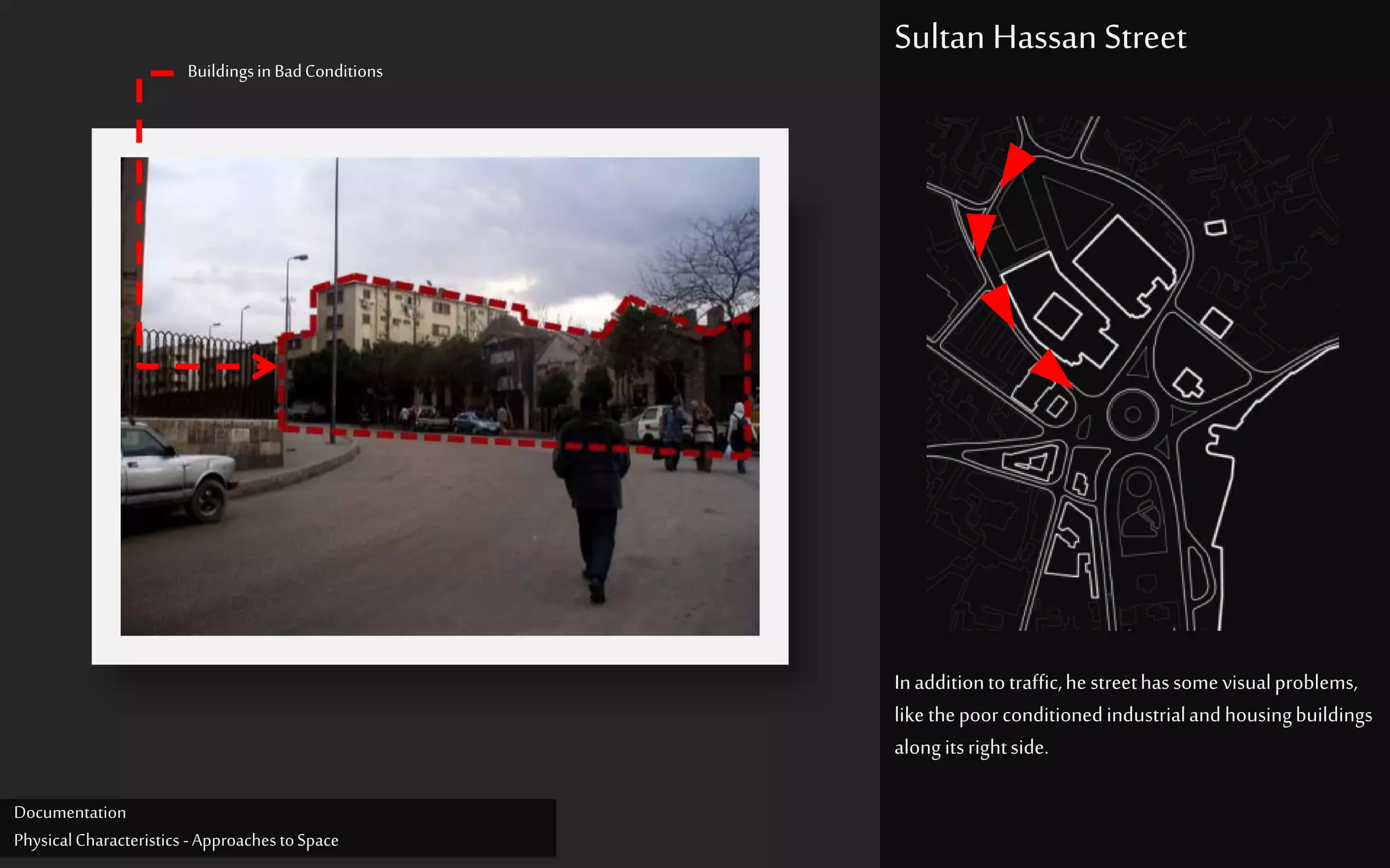 Inadditiontotraffic,hestreethassomevisualproblems,
like thepoor conditionedindustrialandhousingbuildings
alongitsrightside.
Sultan Hassan Street
BuildingsinBadConditions
Documentation
PhysicalCharacteristics -ApproachestoSpace
 